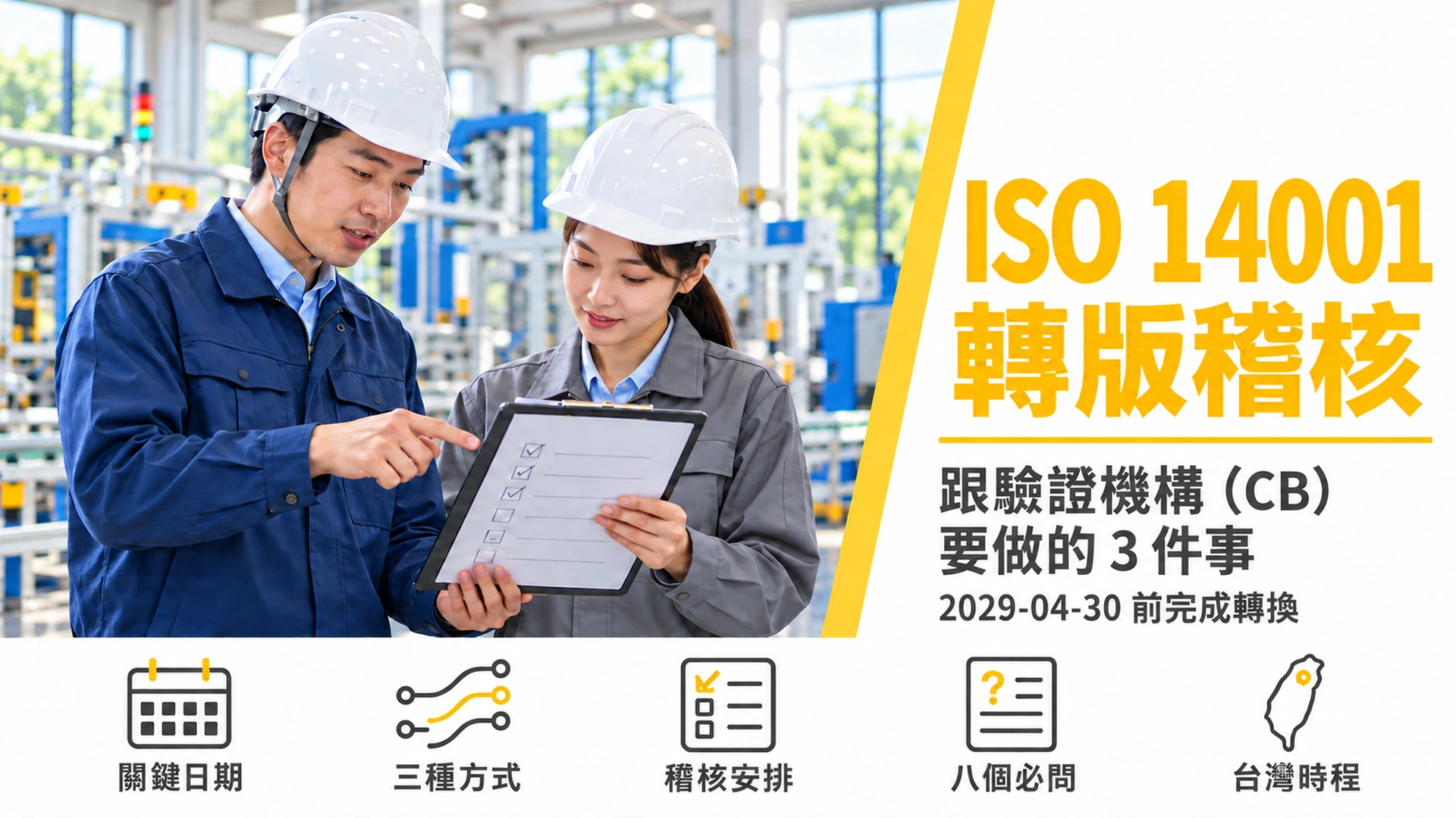 ISO 14001 轉版 驗證機構(CB):說明企業需要與驗證機構確認轉版安排,並標示 2029 年 4 月 30 日前完成轉換