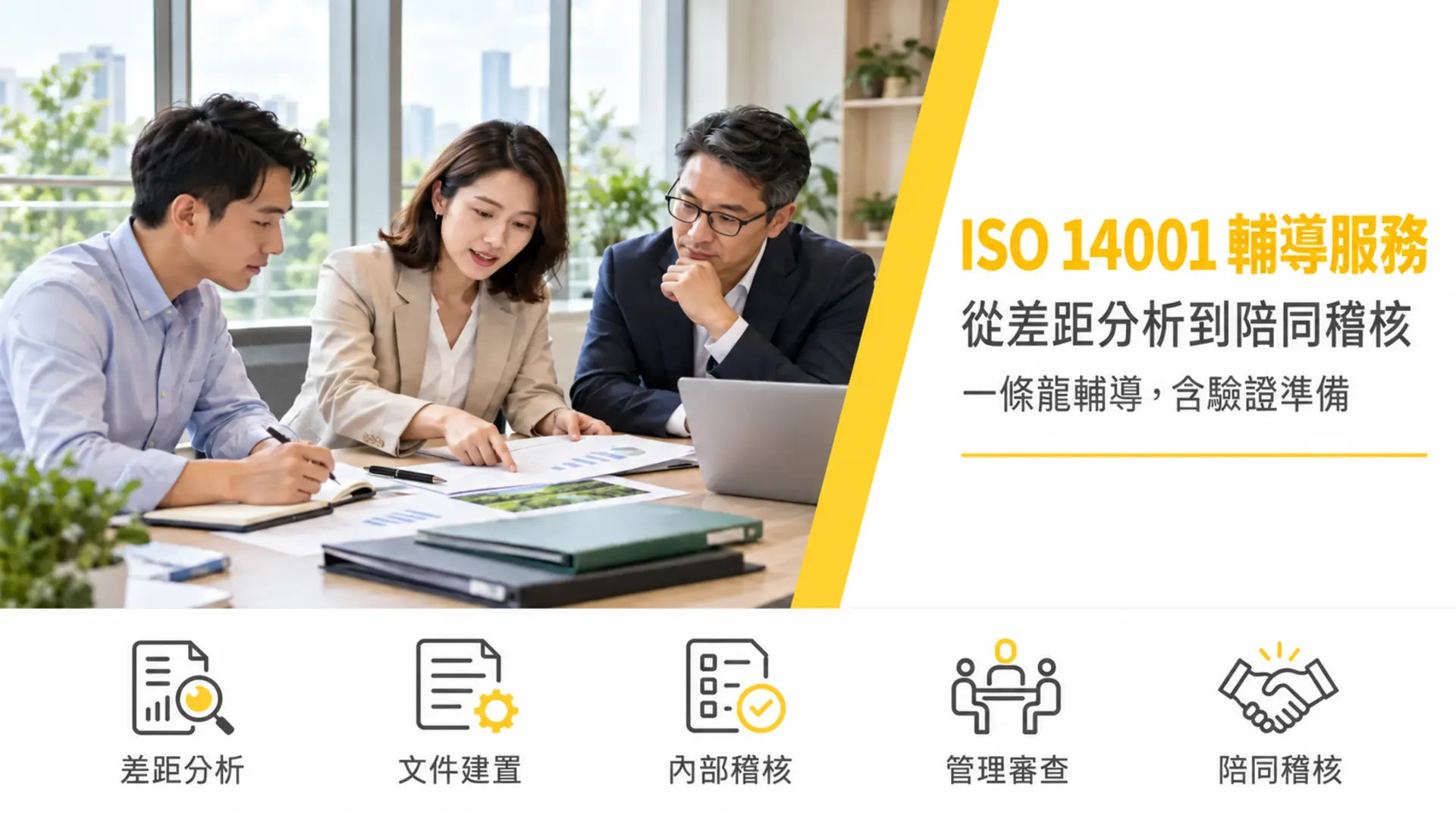 ISO 14001 輔導服務封面:從差距分析、文件建置、內部稽核到驗證準備與陪同稽核的完整輔導流程