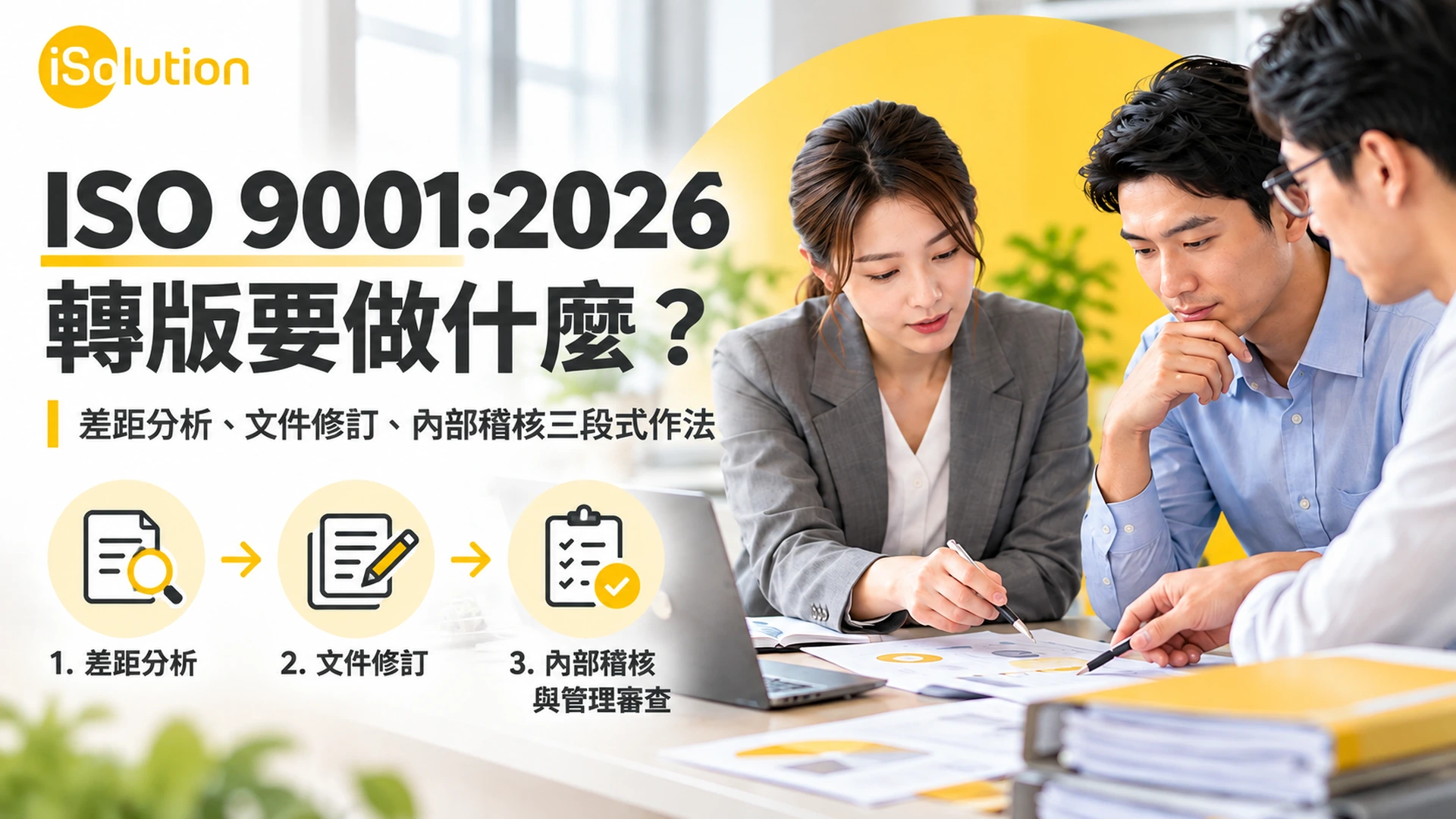 ISO 9001:2026 轉版三段式作法封面,依序為差距分析、文件修訂、內部稽核與管理審查