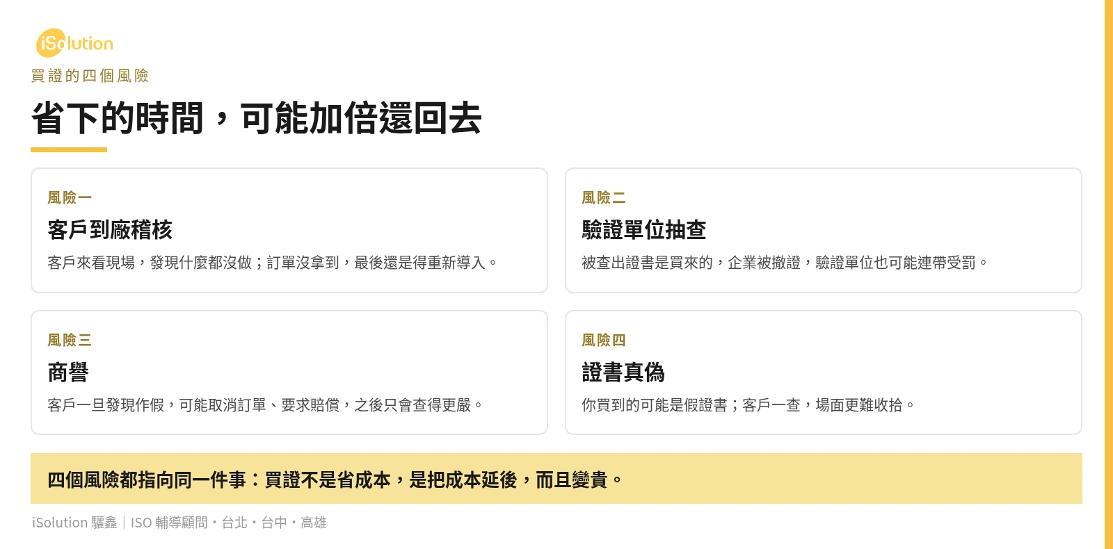 買證的四個風險:客戶到廠稽核、驗證機構抽查、商譽、證書真偽